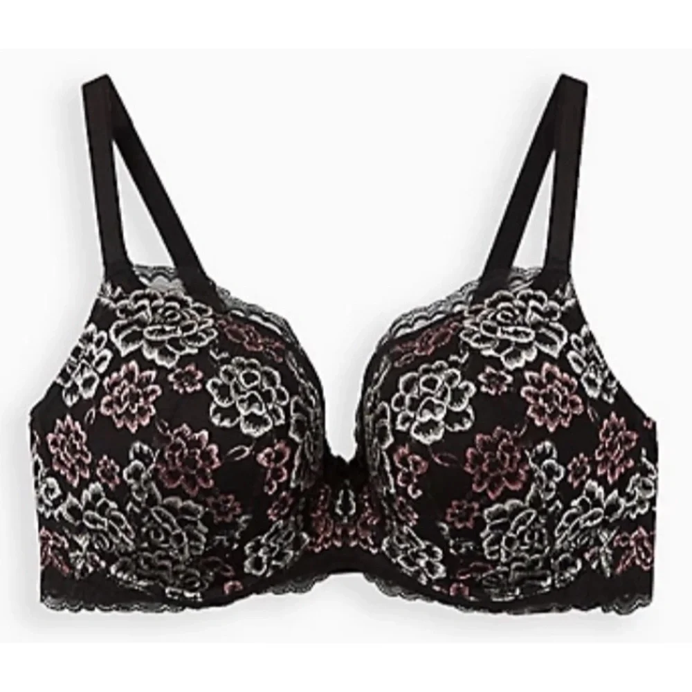 Torrid Floral Lace Underwire Bra - Black and Pink NWT SZ 40DDD - Picture 5 of 11